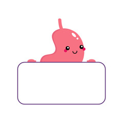Cute smiling cartoon style healthy stomach character holding in hands blank card, banner.
