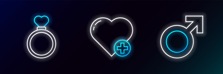 Set line Male gender symbol, Wedding rings and Heart icon. Glowing neon. Vector