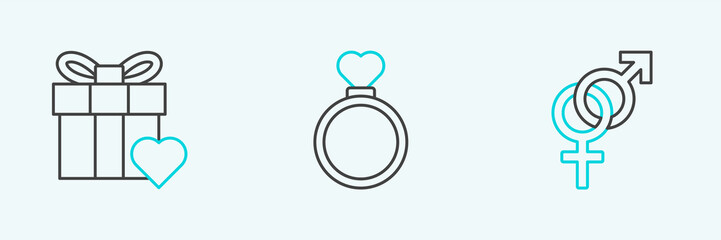 Set line Gender, Gift box and heart and Wedding rings icon. Vector