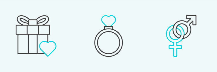 Fototapeta premium Set line Gender, Gift box and heart and Wedding rings icon. Vector