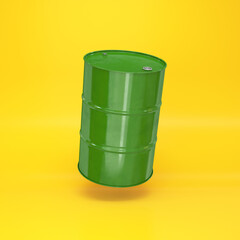 Green metal barrel floating on a yellow background, 3d render