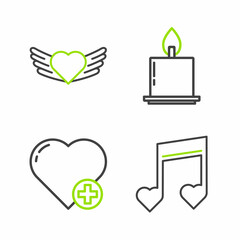 Set line Music note, tone with hearts, Heart, Burning candle and wings icon. Vector