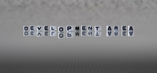 development area word or concept represented by black and white letter cubes on a grey horizon background stretching to infinity