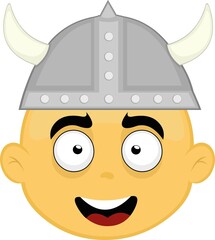 Vector illustration of the face of a yellow cartoon character with a viking helmet