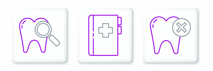Fototapeta premium Set line Tooth with caries, Dental search and Clipboard dental card icon. Vector