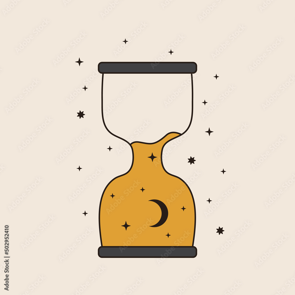 Poster 70s vector psychedelic hourglass symbol. retro groovy graphic element of clock with sand. celestial 