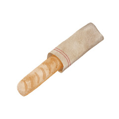 Watercolor bageutte illustration. Hand drawn white loaf of bread in craft paper bag isolated on white background. French bakery painting