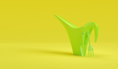 Green scoop and rake and watering can on yellow background. Gardening tools. 3d render