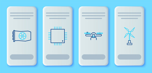 Set line Processor with microcircuits CPU, Drone flying, Video graphic card and Wind turbine icon. Vector