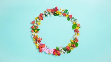 Circle from natural flowers, buds and young leaves on light blue background with copy space in center.