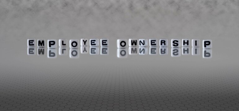 employee ownership word or concept represented by black and white letter cubes on a grey horizon background stretching to infinity