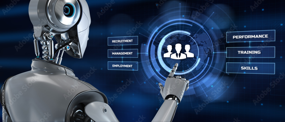 Poster hr human resources automation rpa. robot pressing button on screen 3d render.