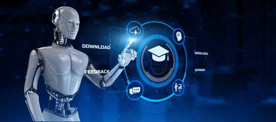 E-learning EdTech education technology concept. Robot pressing button on screen 3d render.