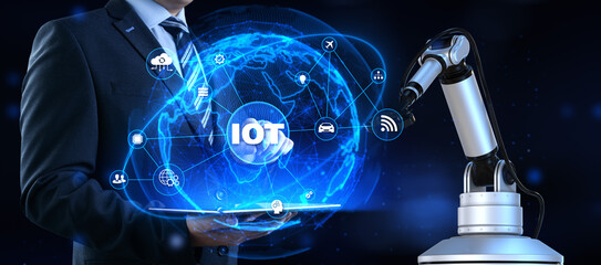 IOT Internet of things. Business industrial technology concept. Cobot 3d render.