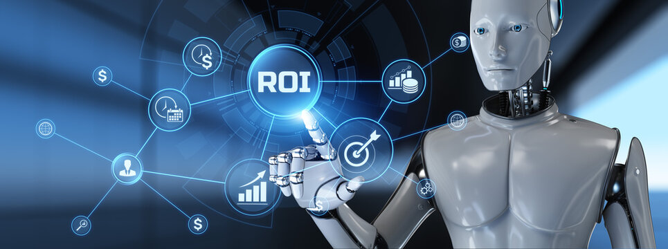 ROI Return on investment. Robot pressing virtual button 3d render illustration.