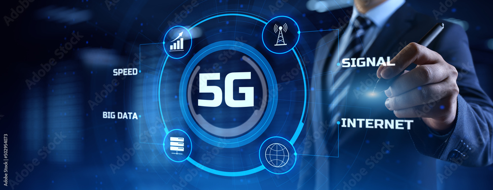 Poster 5g high-speed internet connection concept. businessman pressing button on screen.