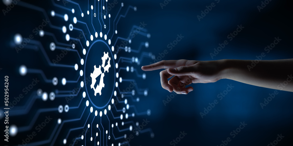 Poster integration data system technology concept. hand pressing virtual button.