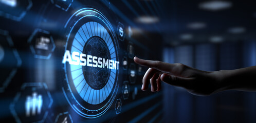 Assessment Evaluation Business Technology concept. Hand pressing button on screen.