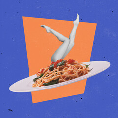 Contemporary art collage. Slim female legs sticking out delicious pasta plate isolated over blue background. Italian cuisine