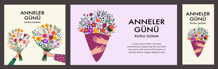 Anneler Günü Kutlu Olsun. Translation: Happy Mother's Day. Perfect for prints, stickers, cards, posters, banners. Bouquet of flowers and floral decorative vector elements.
