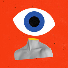 Contemporary art collage. Female bust with giant drawn eye isolated over bright red background