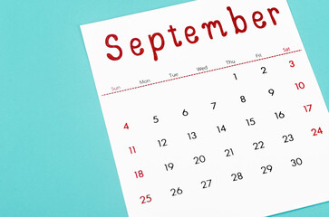 September 2022 calendar sheet on light blue background. - obrazy, fototapety, plakaty