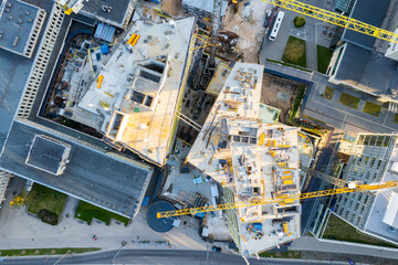 Aerial spring sunny evening sunrise view of construction site in Vilnius, Lithuania