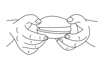 Holding a hamburger outline vector illustration.
