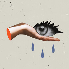Contemporary art collage. Abstract image of female crying eye lying on hand symbolizing...