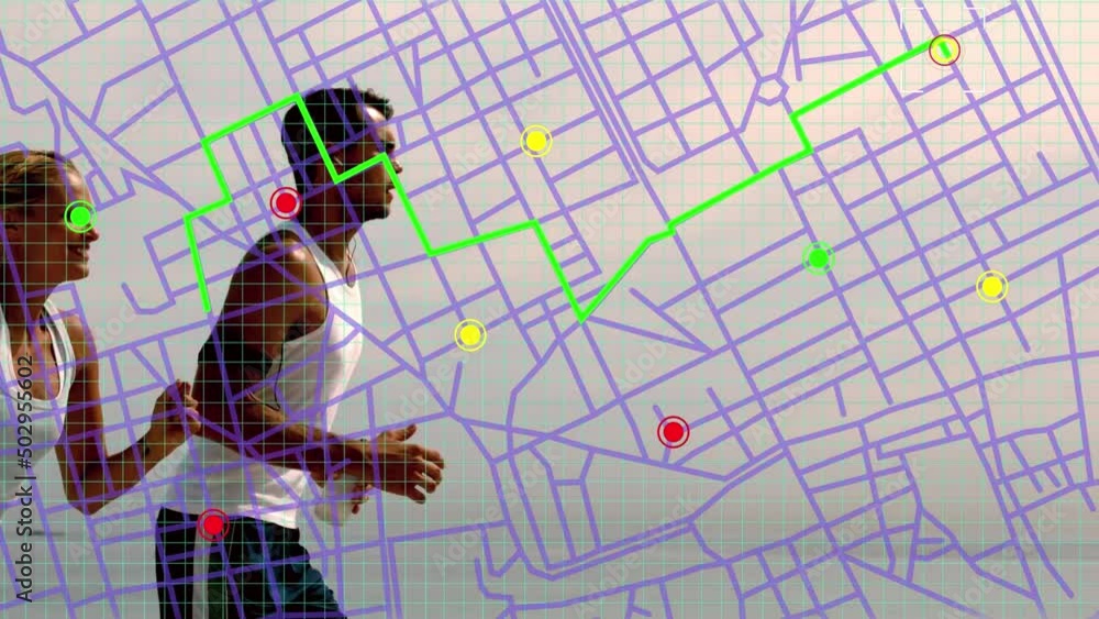 Poster navigation map line scheme over caucasian couple running together against grey background