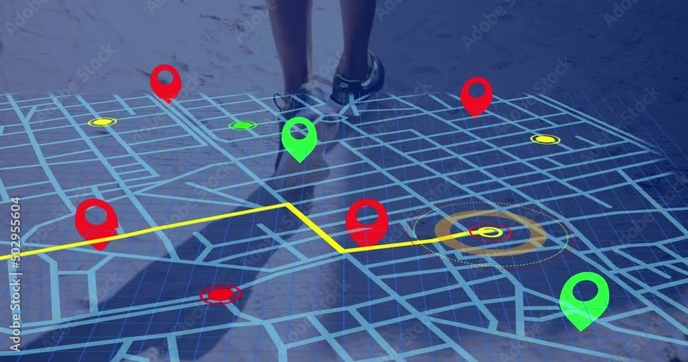 Aufkleber navigator pin over navigation map line scheme against low section of african american man running