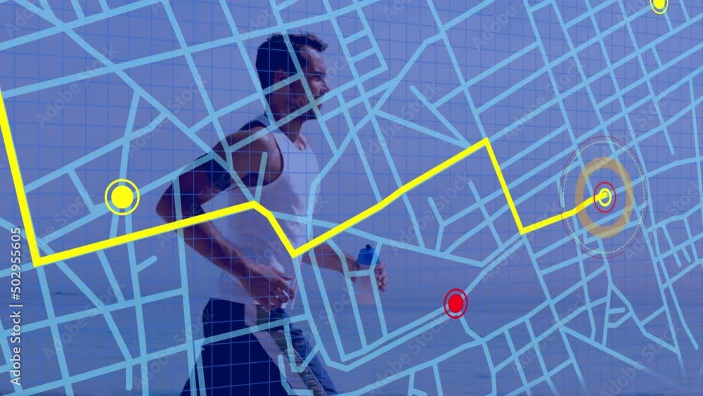 Poster navigation map line scheme over caucasian fit man running against grey background