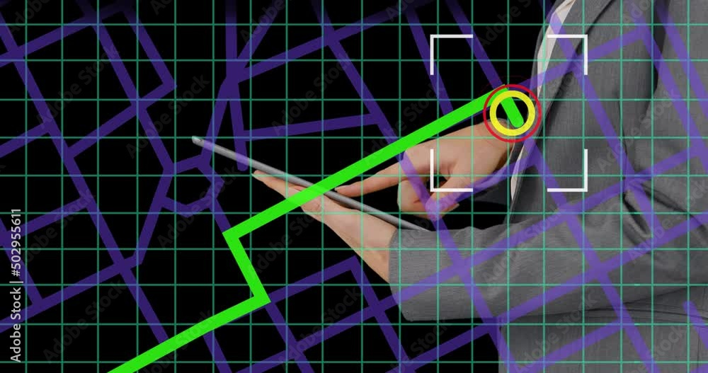 Poster scope over navigation map line scheme against mid section of businessman using a digital tablet