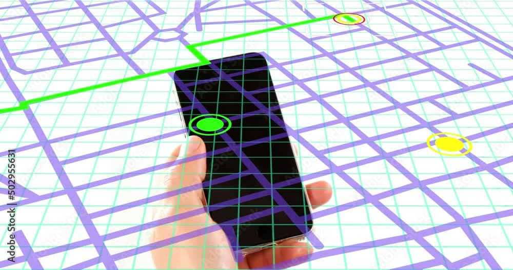 Poster navigation map line scheme against close up of a person's hand using a smartphone
