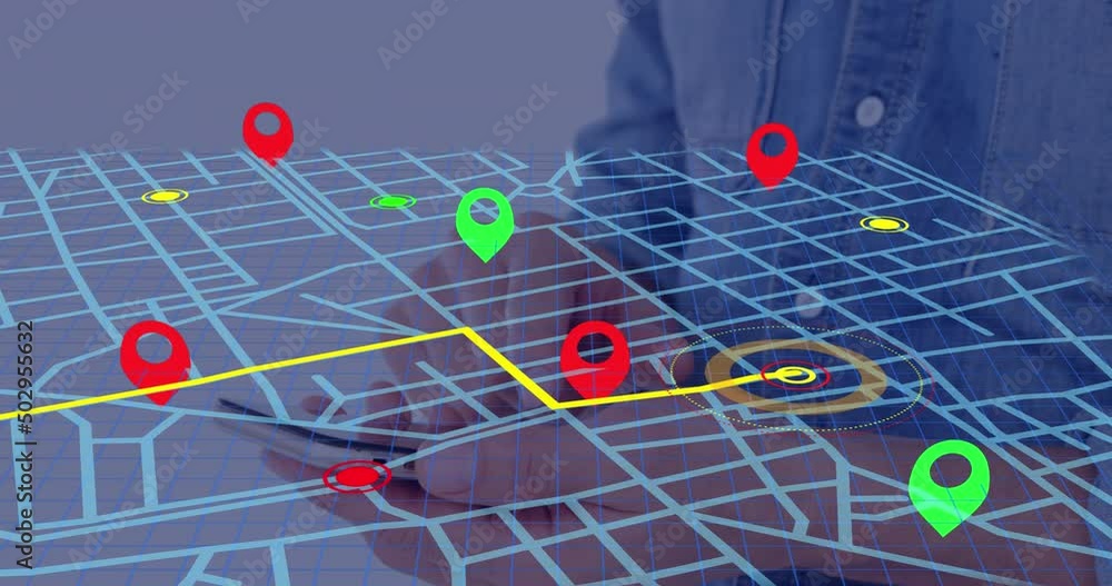 Poster Navigator pin over navigation map line scheme against mid section of a man using a smartphone