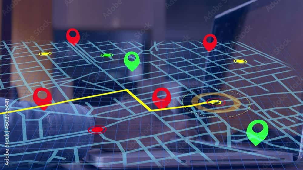 Poster navigator pin over navigation map line scheme against mid section of a man using a laptop