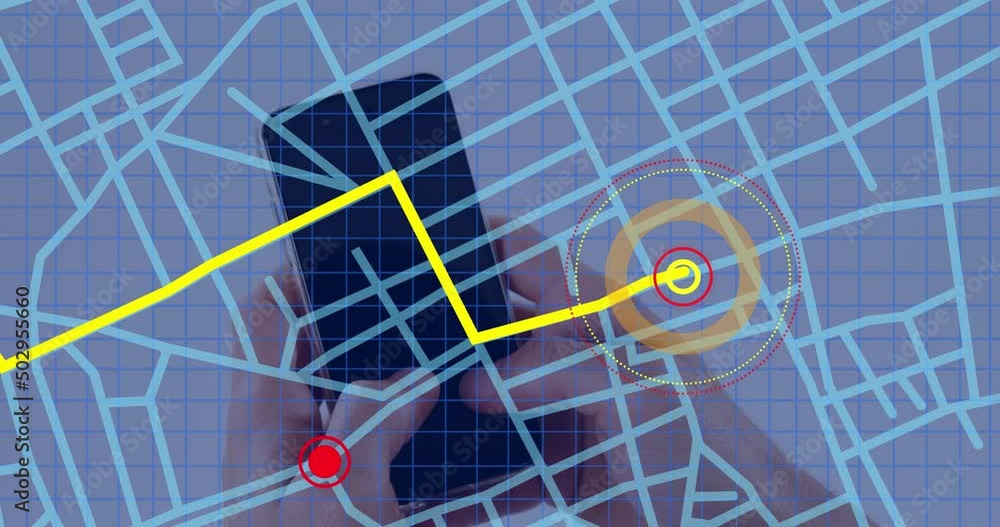 Poster navigation map line scheme against close up of a person's hand using a smartphone