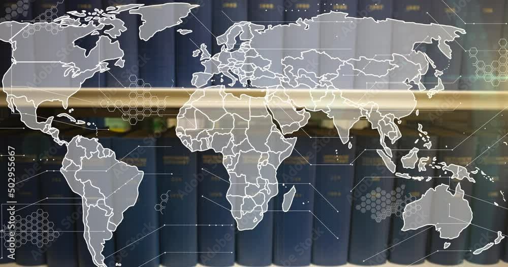 Poster animation of data processing over world map and books