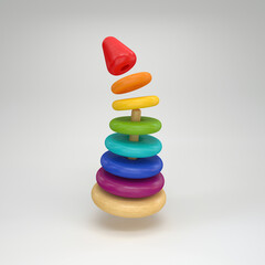 A multi-colored pyramid toy gathering and floating on a gray background, 3d render