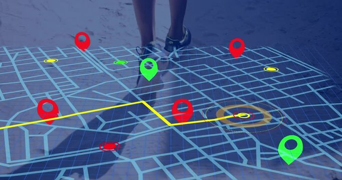 Navigator pin over navigation map line scheme against low section of african american man running