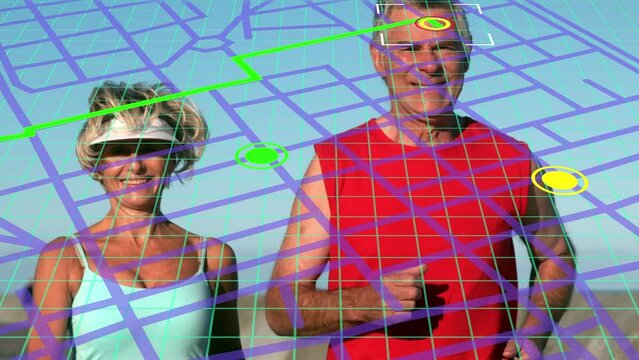 Navigation map line scheme over caucasian senior couple running together outdoors