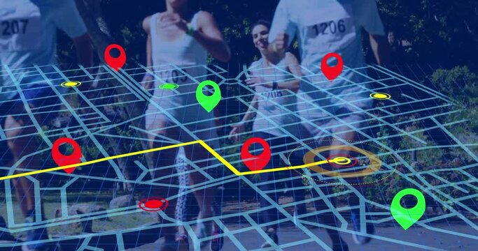 Navigator pin over navigation map line scheme against group of diverse people running a marathon