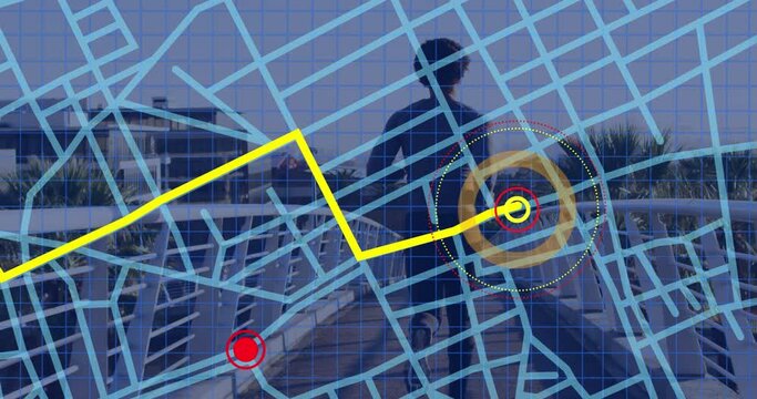 Navigator pin over navigation map line scheme against rear view of african american fit man running