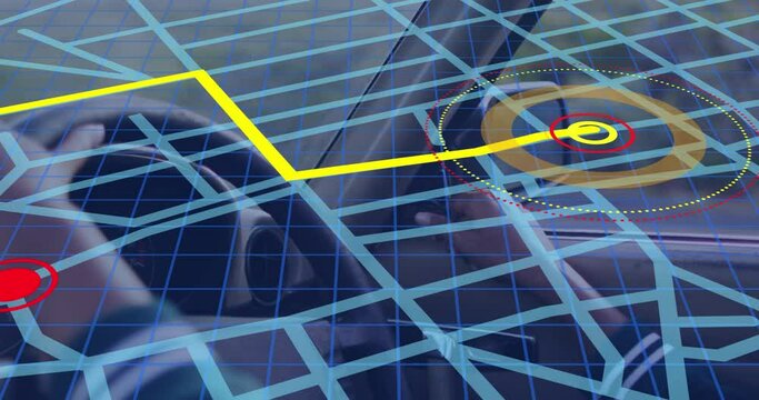 Navigation map line scheme over close up of a person adjusting rear view mirrors of his car
