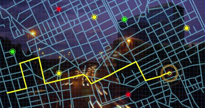 Navigation map line scheme against aerial view of night city traffic