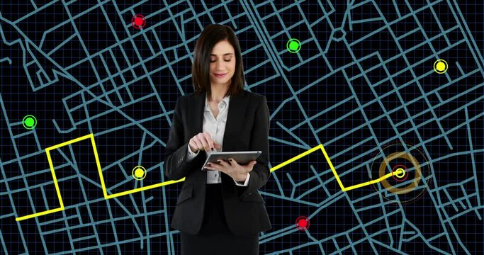 Caucasian businesswoman using a digital tablet against navigation map line scheme
