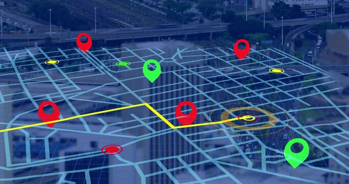 Navigator pin over navigation map line scheme against aerial view of city traffic
