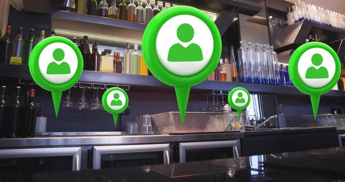 Multiple profile icons floating against interior of a modern bar