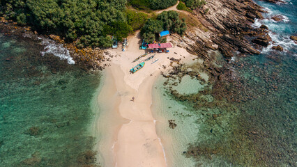 Sea coast, landscape with rocks and the ocean, shot from a drone, travel photo.