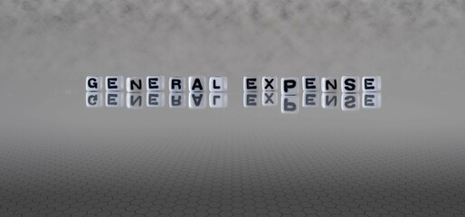 general expense word or concept represented by black and white letter cubes on a grey horizon background stretching to infinity